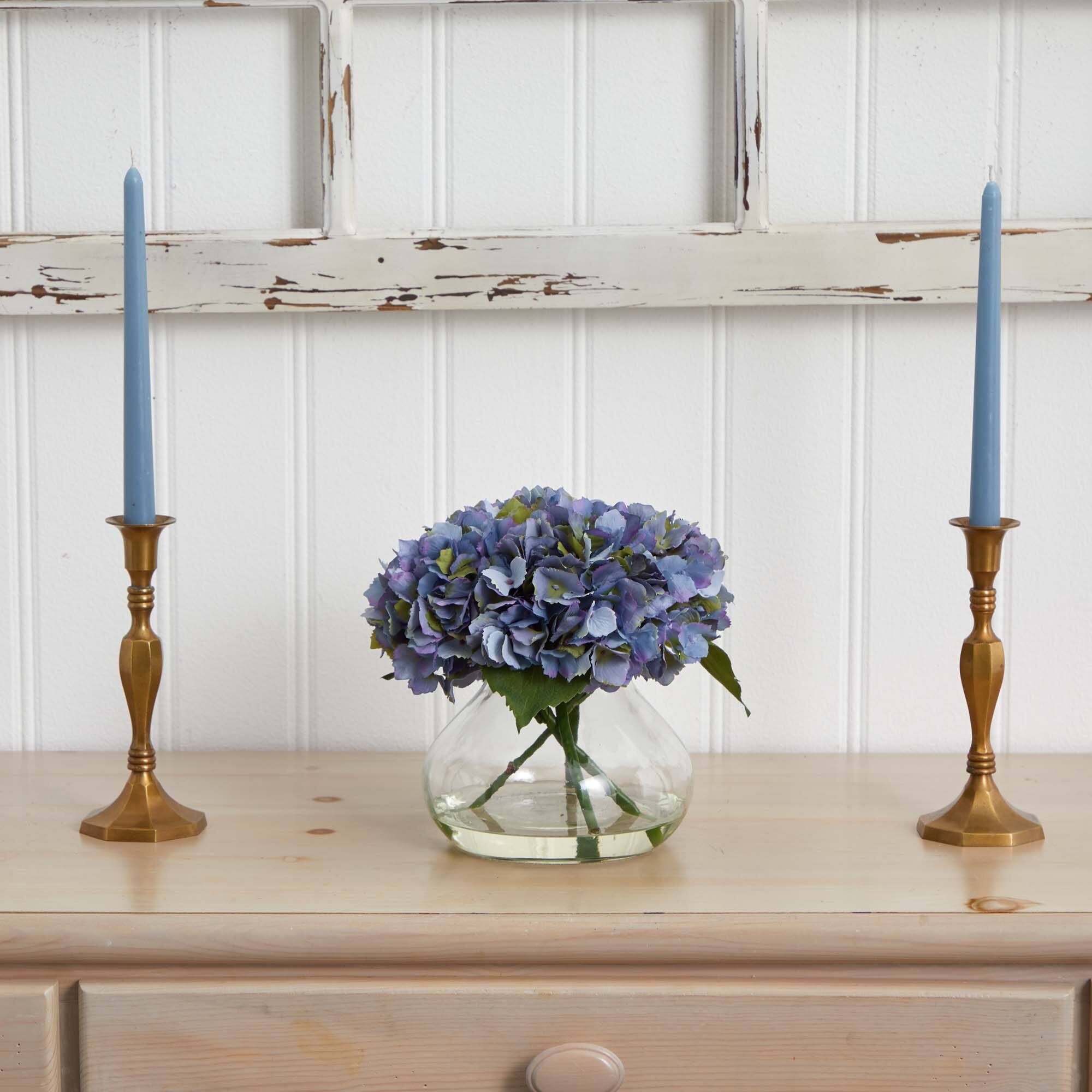 9" Blue Hydrangea Arrangement in Glass Vase
